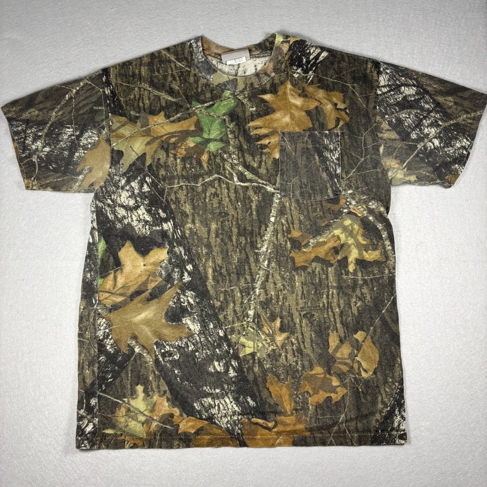 Vintage Jerzees Outdoors Mossy Oak Camo Pocket  T-Shirt Mens Medium Short Sleeve